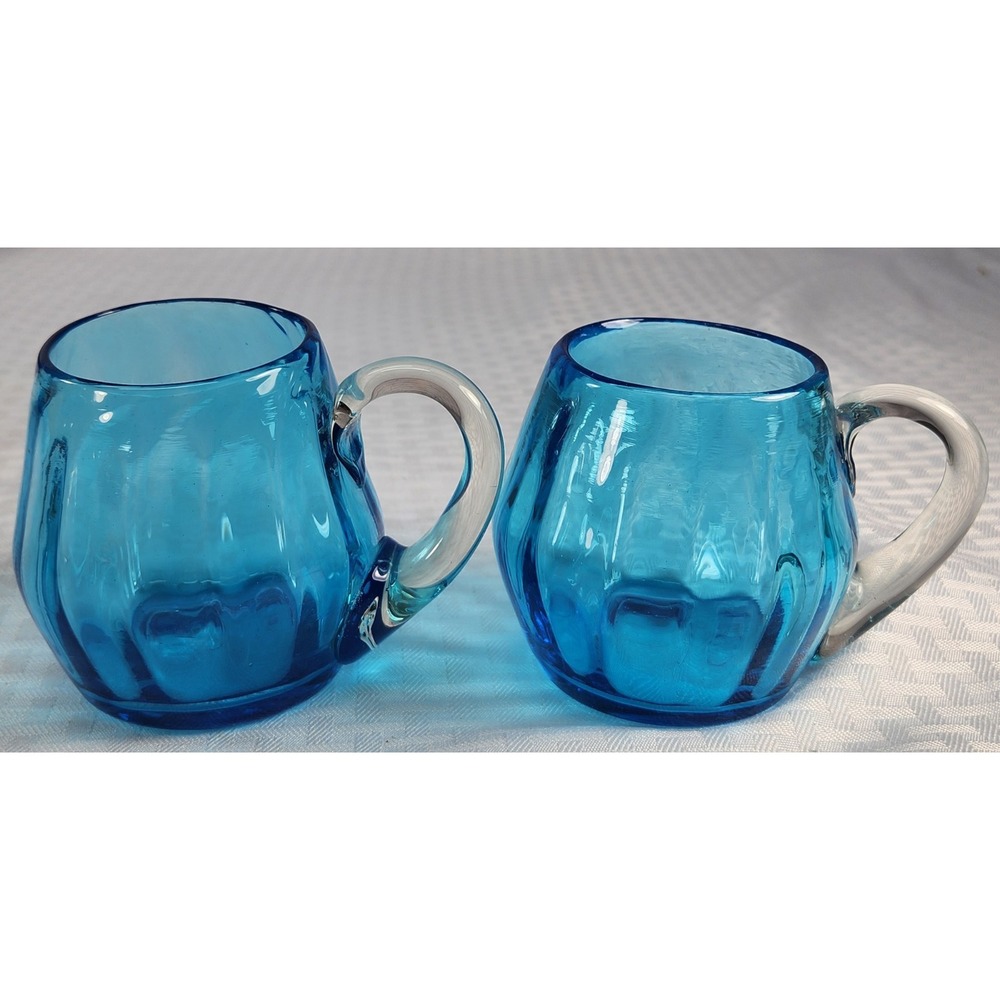 Set Vintage Hand Blown Optic Blue Art Glass Mug With Clear Handle Thick Walls -2